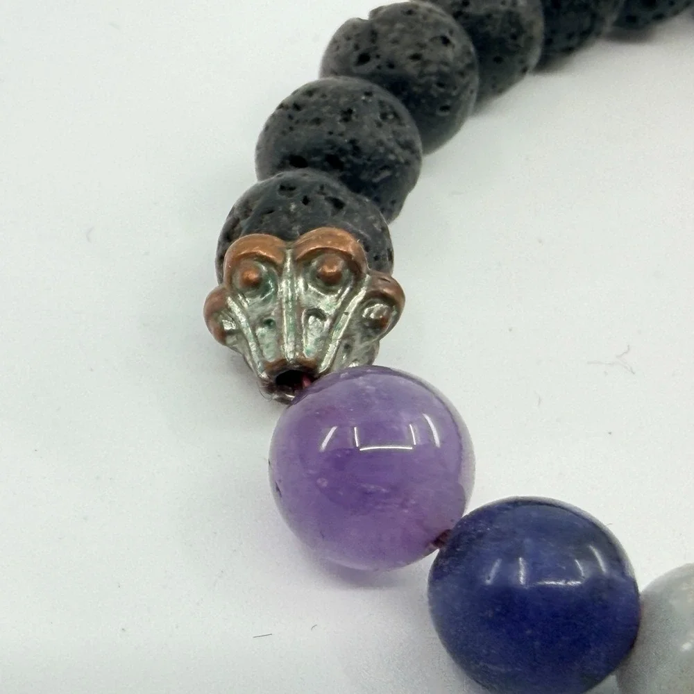 Vintage Bohemian 7 Chakra Lava Rock Stretch Beaded Healing Bracelet 90s